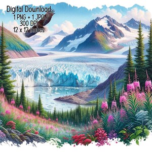 Alaska Icy glacier landscape Watercolor Illustration Majestic Alaska Clipart Commercial Use Sublimation PNG, JPG Digital download 300 DPI