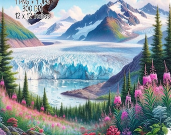 Alaska Icy glacier landscape Watercolor Illustration Majestic Alaska Clipart Commercial Use Sublimation PNG, JPG Digital download 300 DPI