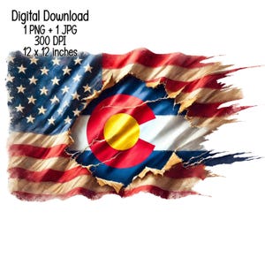 Può includere: Una bandiera americana rovinata con un buco che rivela la bandiera dello stato del Colorado sottostante. La bandiera del Colorado è blu, bianca e rossa con un grande cerchio giallo al centro.