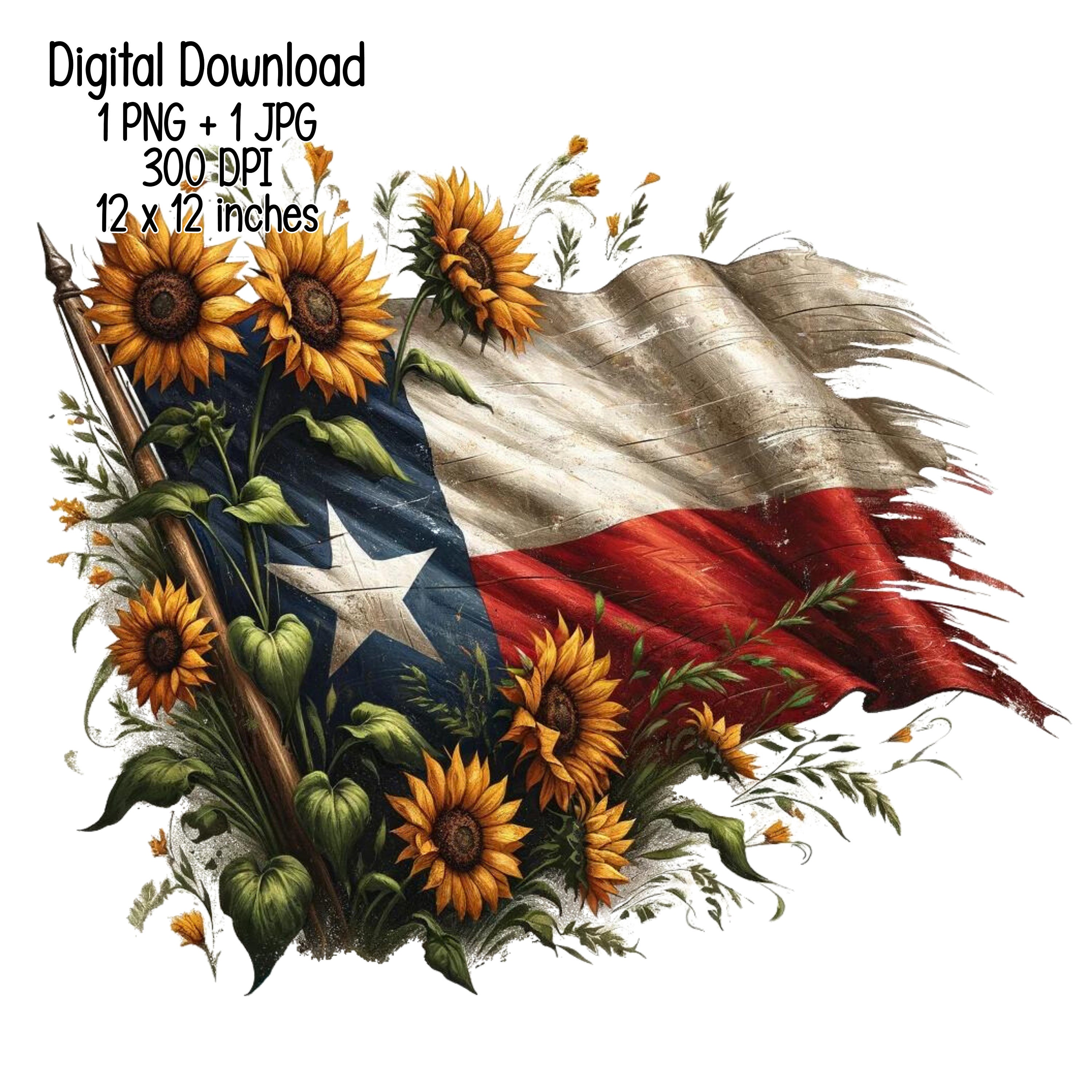 Vintage Texas Flag With Sunflowers Clipart Illustration PNG JPG