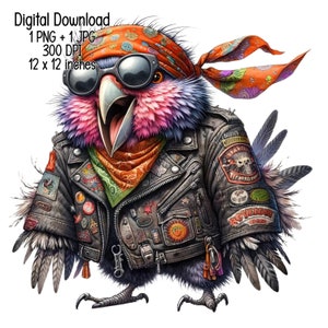 May include: A colorful bird wearing a leather jacket, sunglasses, and a bandana. The jacket has many patches and pins. The bird has a pink and purple head and a blue body. The bird is looking to the right.