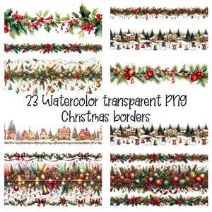 23 PNG Navidad bordes acuarela transparente clipart digital descargar uso comercial, tarjeta de decoración de guirnalda navideña haciendo ilustración