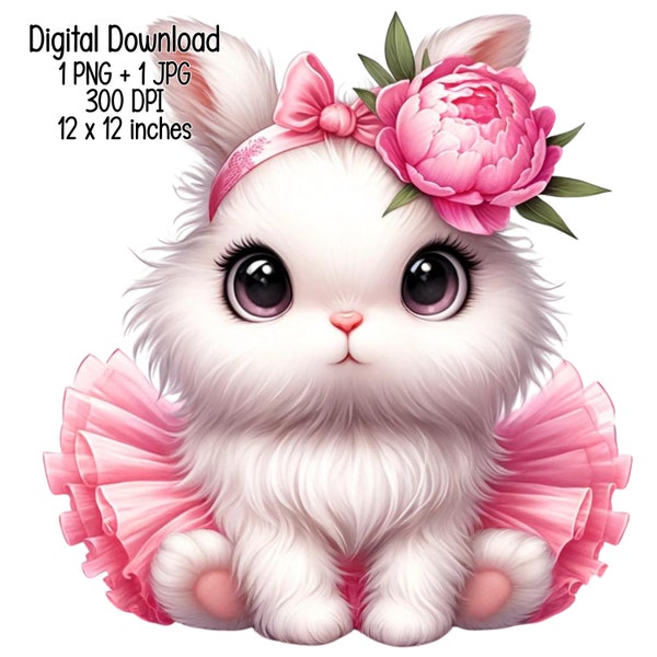 Cute adorable baby rabbit in pink tutu peony headband Clipart Commercial Use Sublimation designs illustration PNG JPG Digital download