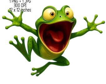 Rolig tecknad groda Clipart | Söt hoppande groda illustration PNG JPG | Barnfödelsedagsfestdekor, T-shirtdesign, klistermärken, digital nedladdning