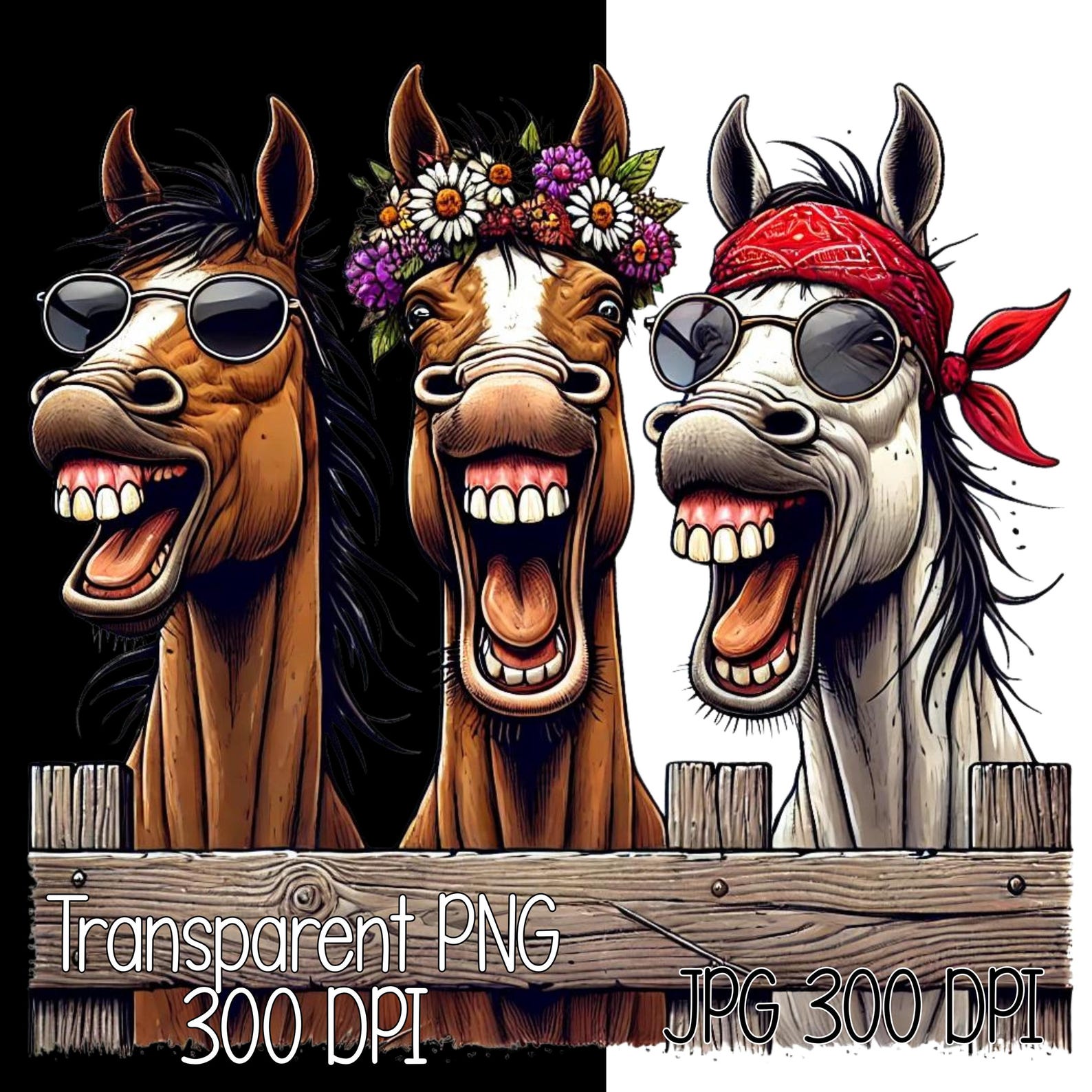 three-silly-horses-clipart-humorous-horse-besties-illustration