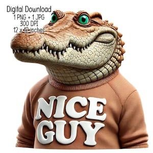 Humorous Crocodile Illustration - Nice Man Croc Clipart, Digital Download, JPG, Transparent PNG