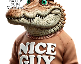 Humorous Crocodile Illustration - Nice Man Croc Clipart, Digital Download, JPG, Transparent PNG