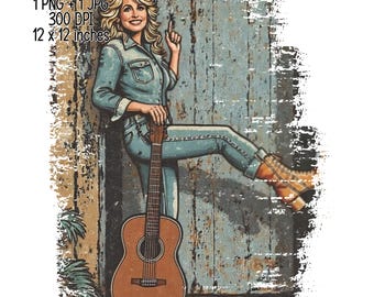 May include: Digital download featuring a country music icon in a denim outfit, leaning against a weathered blue wooden door, with a guitar. The image includes the text "Digital Download" and dimensions of 12 x 12 inches.