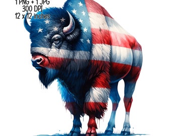 American flag bison, Buffalo Art Watercolor Clipart Commercial Use Sublimation designs illustration transparent PNG, JPG Digital download