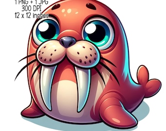 Walrus cute children Clipart illustration sea animals Commercial Use Sublimation designs transparent PNG, JPG Digital download kids nursery
