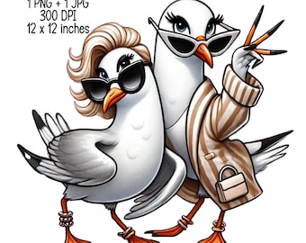 Humorous silly Seagull besties Clipart Illustration, Digital Download, Sublimation PNG