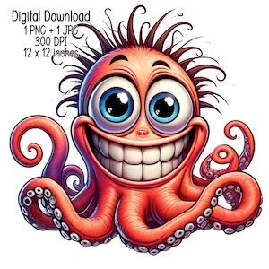 Humoristische gekke cartoonachtige octopusillustratie | Grappige digitale download | Clipart PNG JPG