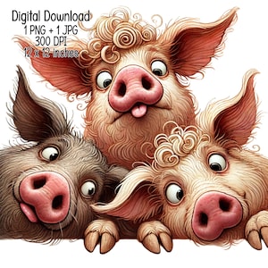 Ilustración / Descarga digital / Clipart PNG JPG de los mejores amigos de los cerdos divertidos