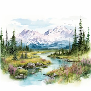 13 JPG Alaska paysages aquarelle téléchargement numérique des cliparts à usage commercial montagne rivière forêt haute qualité fabrication de cartes illustration