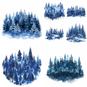 9 JPG forêt de pins bleus en téléchargement numérique Silhouette de forêt monochrome aquarelle à usage commercial fabrication de cartes monochromes de haute qualité