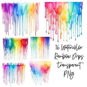 Könnte beinhalten: 16 Aquarell-Regenbogen-Tropfen transparente PNG. Ein Set mit 6 digitalen Bildern mit Aquarell-Regenbogen-Tropfen in verschiedenen Größen und Formen.