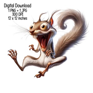 May include: A cartoon squirrel with a bushy tail, wide eyes, and an open mouth, as if it is yelling or screaming. The squirrel is in mid-air, with its legs and tail extended.