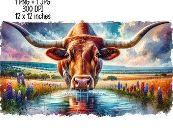 Texas Longhorn Aquarell Illustrationen Clipart Landschaft Kommerzielle Nutzung Sublimation Designs transparenter PNG, JPG Digitaler Download