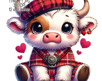 Cute Highland cow in Scottish kilt and bonnet Clipart Commercial Use Sublimation designs illustration transparent PNG, JPG Digital download