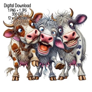 May include: Three cartoon cows with big eyes and goofy grins. The cows are white with brown, black, and gray spots. They are standing close together and looking at the viewer.
