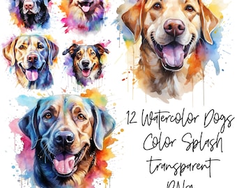 12 PNG Dog Color Splash Transparent Watercolor Clipart Digital Download Commercial Use, Labrador Corgi card making illustration