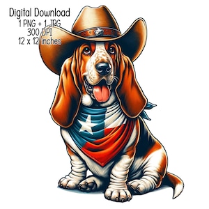 Könnte beinhalten: Ein brauner und weißer Basset Hound, der einen braunen Cowboyhut mit einem Stern am Band und ein rot-weiß-blaues Bandana mit einem weißen Stern trägt. Das Bandana ist im Muster der Texas-Flagge gehalten.