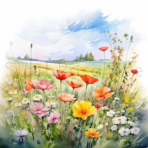 14 JPG Blumenfeld Landschaft Aquarell Clipart Digital Download Kommerzielle Nutzung Wildblumen hochwertige Karte machen Illustration