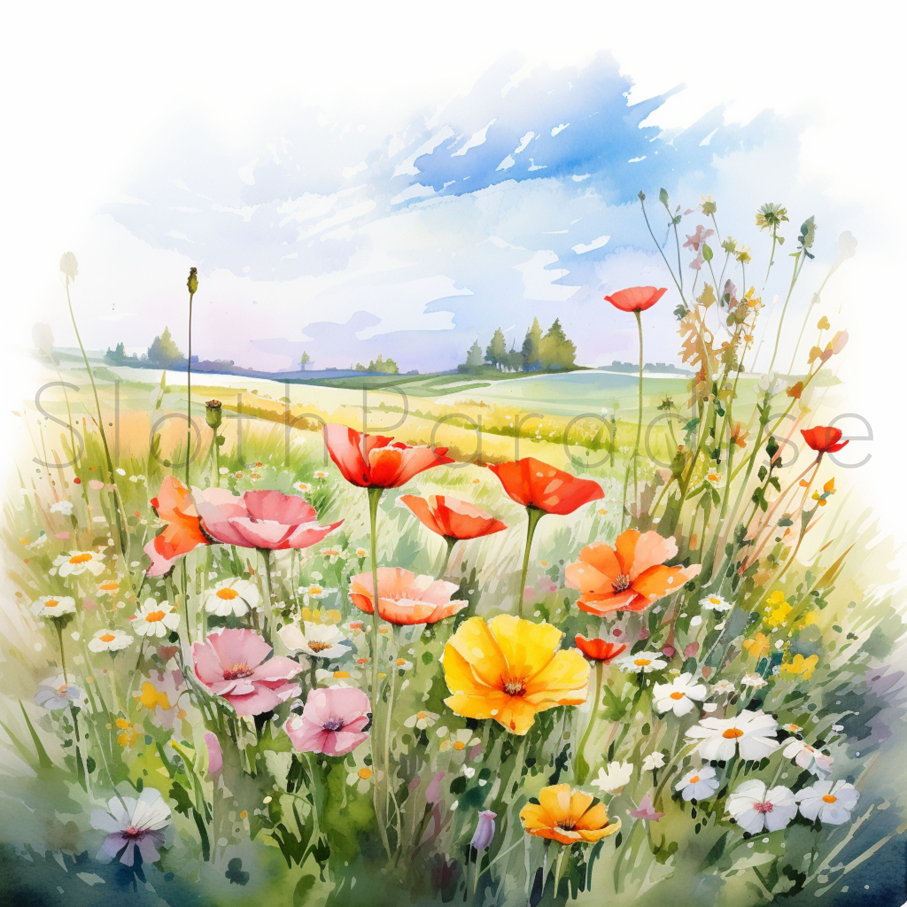 14 JPG 花畑の風景 水彩画 クリップアート デジタルダウンロード 商用