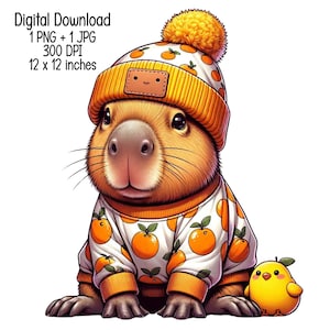Cute Capybara Download digitale Capybara con illustrazione arancione Clipart Uso commerciale Sublimazione disegni PNG trasparenti, creazione di carte JPG