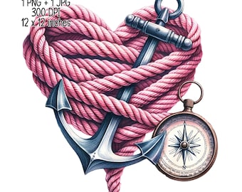 Pink Marine rope heart anchor compass sea theme Clipart Commercial Use Sublimation designs illustration transparent PNG, JPGDigital download