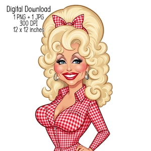 Dolly Retro Caricature PNG – Funny Country Music Lady Clipart for T-Shirts, Tumblers, Wall Art, Gifts & Crafts | Instant Download
