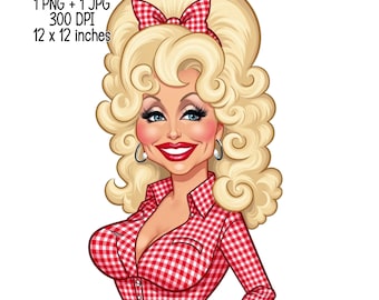 Dolly Retro Caricature PNG – Funny Country Music Lady Clipart for T-Shirts, Tumblers, Wall Art, Gifts & Crafts | Instant Download