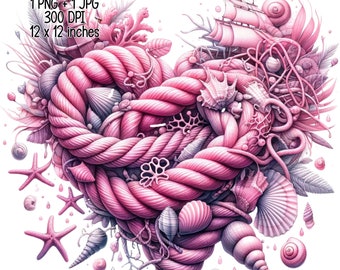 Pink Marine rope heart sea stars Watercolor Clipart Commercial Use Sublimation designs illustration transparent PNG, JPG Digital download