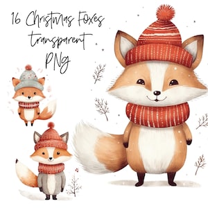 16 PNG Weihnachten Fuchs Transparent Aquarell Clipart Digital Download Kommerzielle Nutzung, Skandinavisch, hochwertige Kartenherstellung Illustration