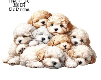 Pile of cute puppies Watercolor illustration Clipart Commercial Use Sublimation designs illustration transparent PNG JPG Digital download