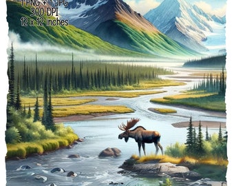 Alaskan moose near river Watercolor Illustration traditional landscape Clipart Commercial Use Sublimation PNG, JPG Digital download 300 DPI