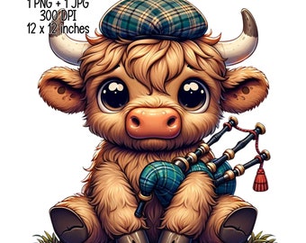 Highland cow bagpipe in Scottish kilt Clipart Commercial Use Sublimation designs illustration transparent PNG, JPG Digital download