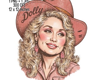 May include: Digital download of a portrait of a woman wearing a pink cowboy hat with the name "Dolly" on it. The image is 12 x 12 inches and features a woman with blonde hair, pink earrings, and a pink shirt.