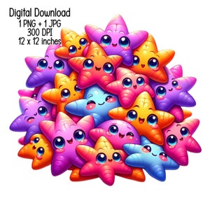 Pile cute sea stars colorful, marine animals Clipart illustration Commercial Use Sublimation designs transparent PNG, JPG Digital download