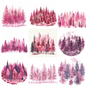 9 JPG Pink Pine Tree Wald Digitaler Download Monochrome Wald Silhouette Aquarell Kommerzielle Nutzung hochwertige Karte machen monochrom