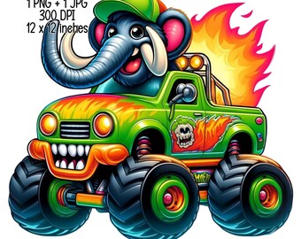 Cartoonish Mammoth Riding an Off-Road Truck Illustration | Digital Download | Clipart PNG JPG