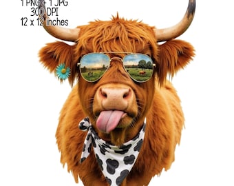 Highland Cow PNG Funny Farm Animal Clipart | Tongue Out Cow Sublimation Design for Western Shirts & Gifts