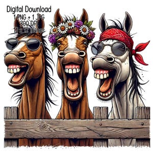 Tres caballos tontos Clipart - Ilustración humorística de Besties de caballos, Descarga digital, JPG, PNG transparente