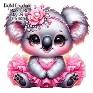 Cute adorable baby koala in pink tutu with a headband Clipart Commercial Use Sublimation designs illustration PNG JPG Digital download