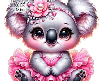 Cute adorable baby koala in pink tutu with a headband Clipart Commercial Use Sublimation designs illustration PNG JPG Digital download