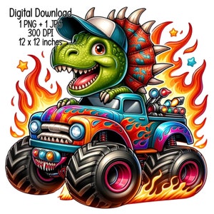 Cartoonish Dinosaur Riding an Off-Road Truck Illustration | Digital Download | Clipart PNG JPG Fire truck