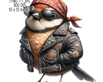 Pájaro como motociclista con pañuelo rojo y gafas Clipart Uso comercial Diseños de sublimación ilustración PNG transparente, JPG Descarga digital