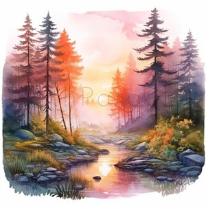 15 JPG paysage mystique au lever du soleil aquarelle Clipart numérique téléchargement usage Commercial illustration de fabrication de cartes de haute qualité