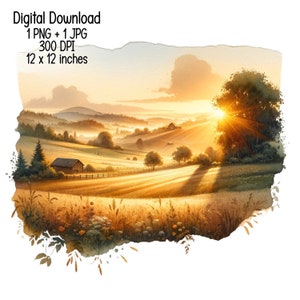 May include: A digital painting of a rural landscape with a golden sunset over rolling hills. The sun's rays illuminate the fields and create long shadows. The scene is framed by a border of foliage.