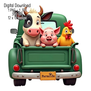 Animales de granja en camión PNG: Imágenes prediseñadas de vaca, cerdo y pollo, descarga digital de granja, decoración de habitación infantil, diseño de sublimación